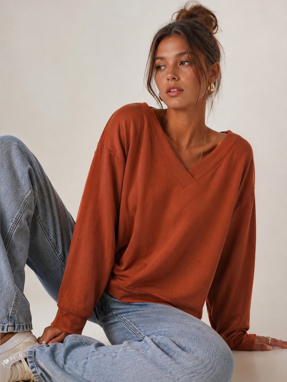 Orvis Soft Modal V-Neck Pullover Sweatshirt Rust Orange Relaxed Cozy Top L
